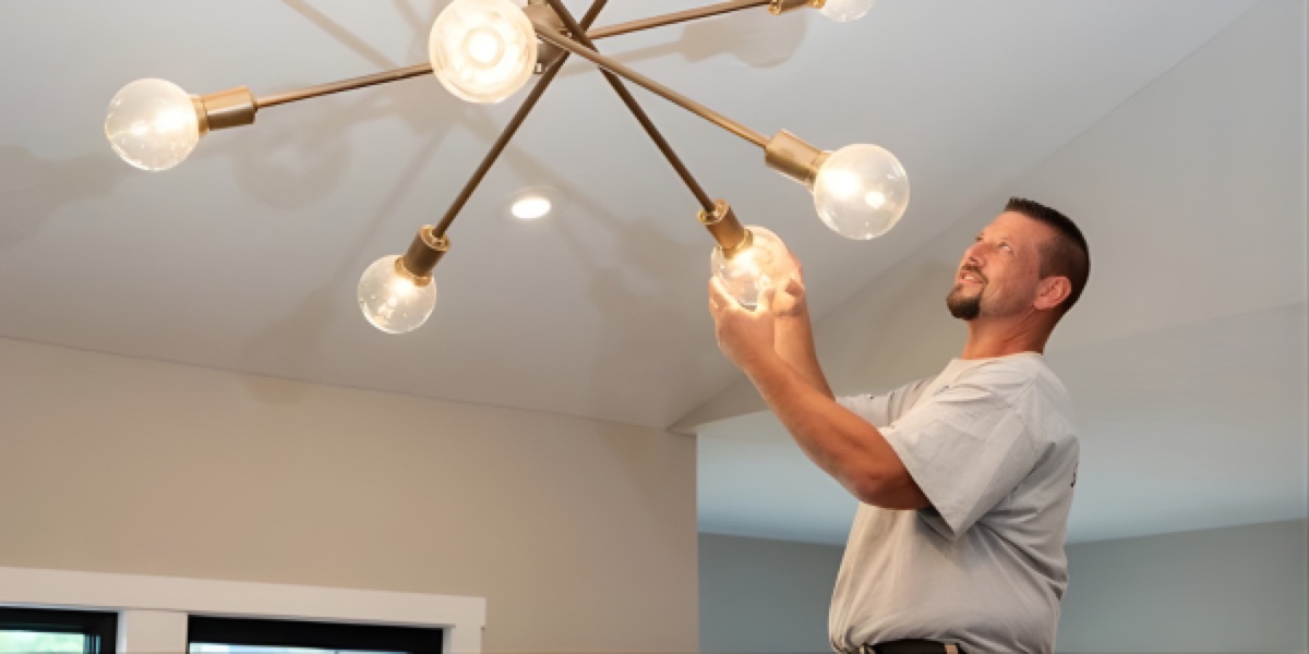 Custom home craftsman installing sputnik chandelier in vaulted great room